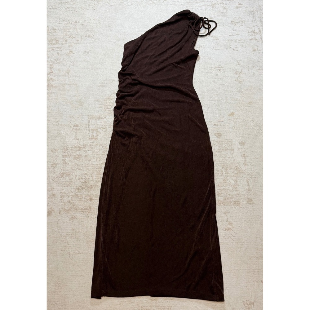 RNWY Brown One Shoulder Ruched Maxi Dress Side Slit Metallic Slinky M US 6 - Picture 10 of 10